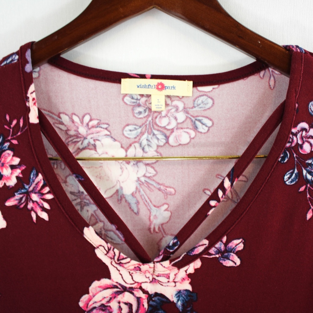 Wishful Park, Maroon Floral top w/Shoulder Cutouts - Picture 2 of 7